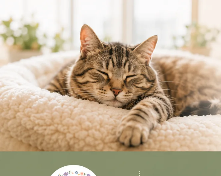 ベッドで気持ちよさそうに眠るキジトラの猫