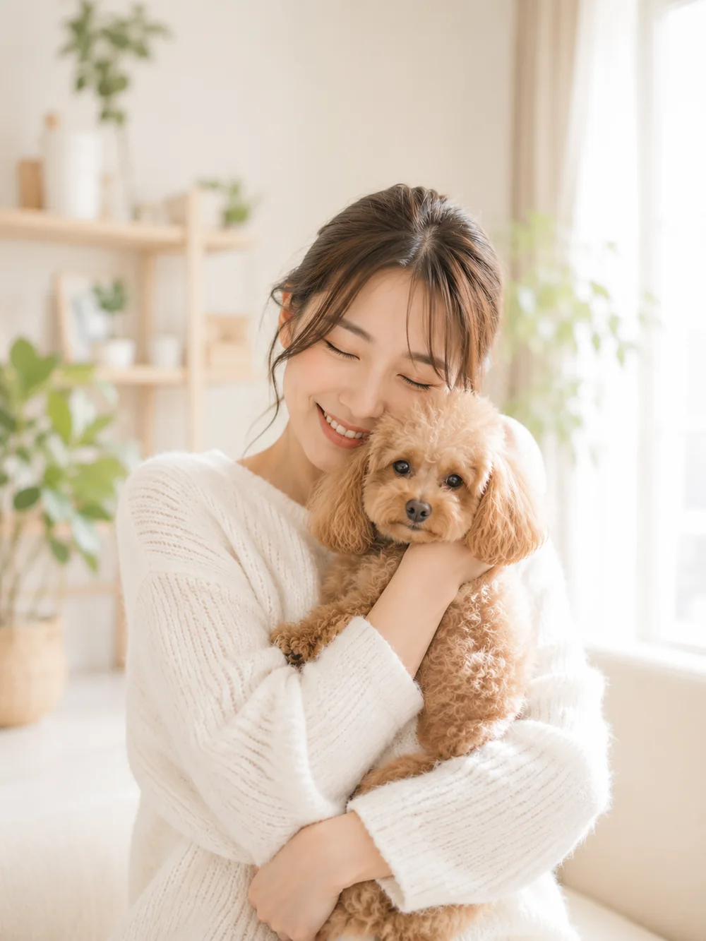 女性が笑顔でトイプードルを優しく抱きしめている様子
