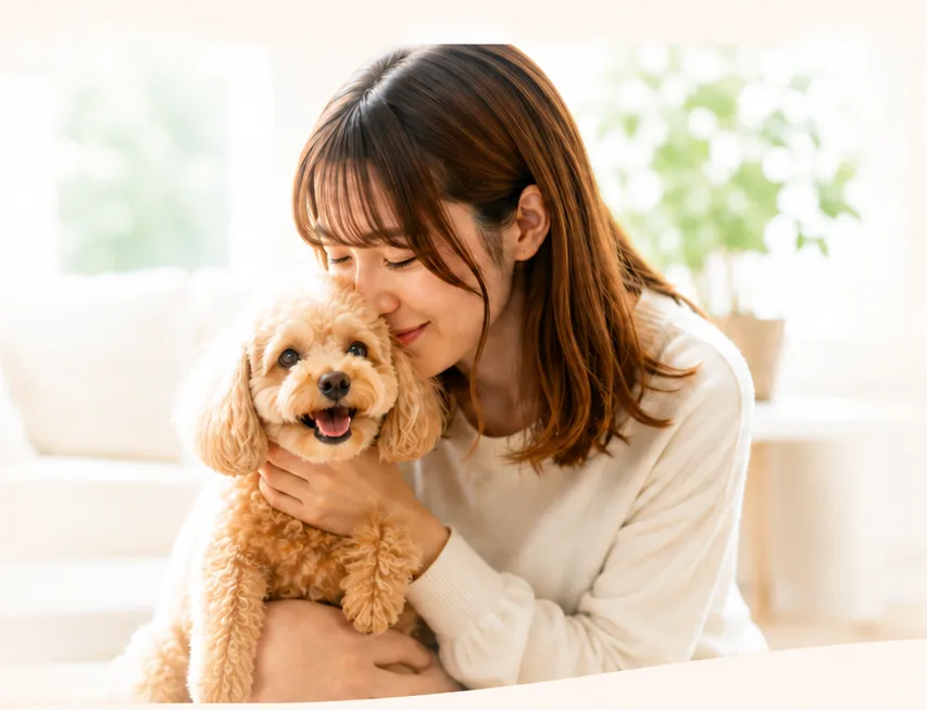 女性が笑顔でトイプードルを優しく抱きしめている様子