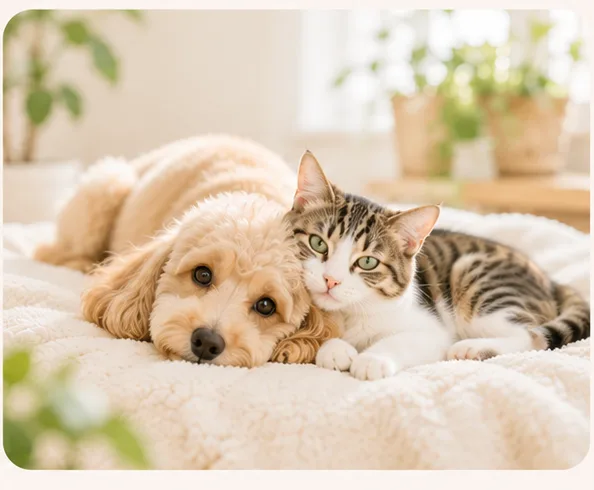 ベッドの上で寄り添う子犬と子猫