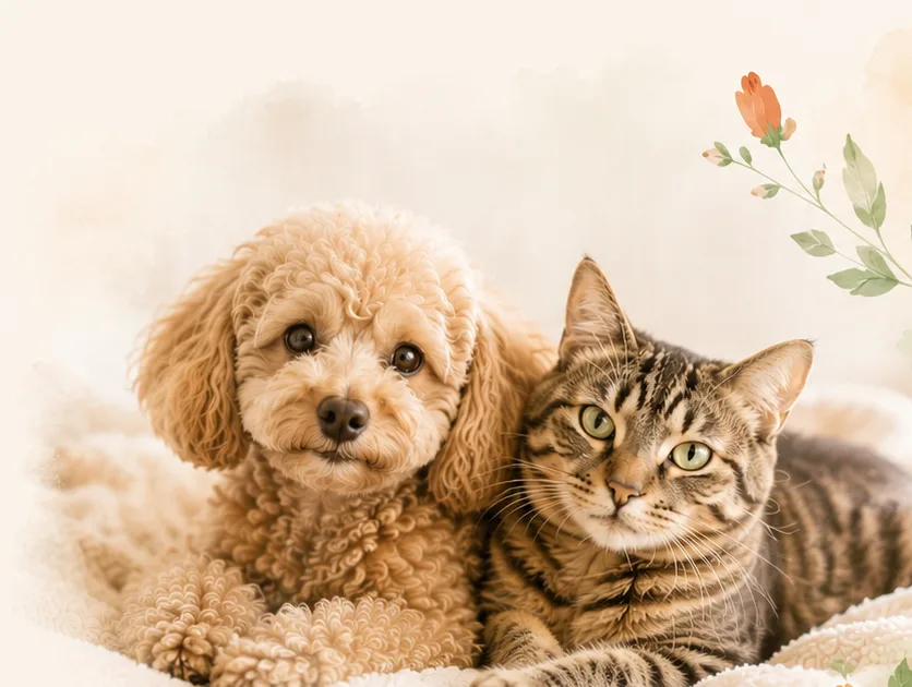 仲良く寄り添うトイプードルとキジトラの猫