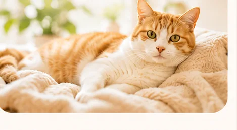 ブランケットの上でくつろぐ茶白の猫