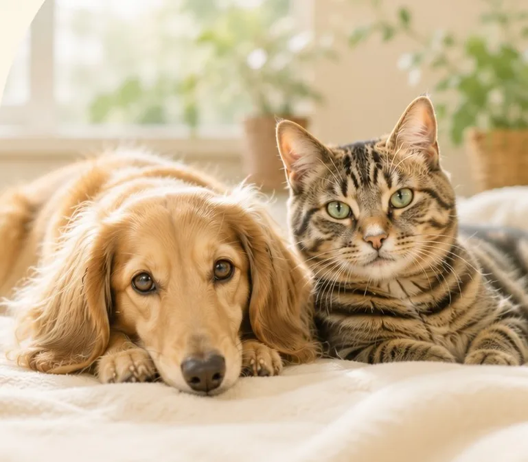 ベッドの上で寄り添うダックスフンドとキジトラの猫