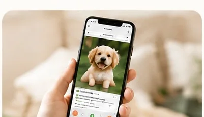スマートフォンで犬の写真を確認する様子