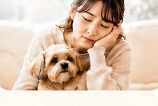 犬に寄り添い悩む女性